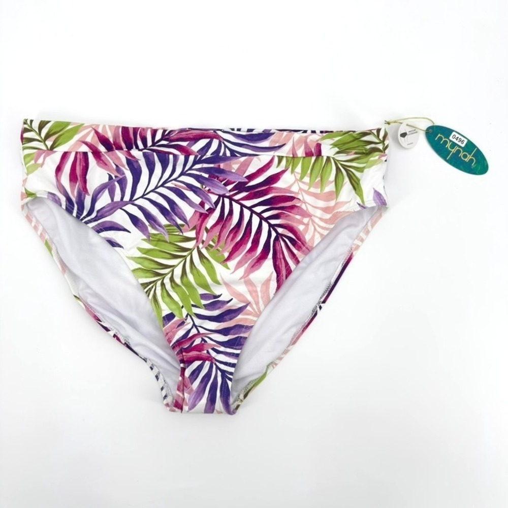 Mynah Womens XL High Rise Bikini Bottoms Tropical Palm Leaf Purple Green White